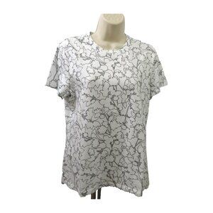 Lord & Taylor Womens Top Sz Large Black White Floral Crew Neck Short Sleeve